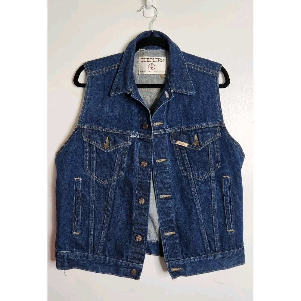 Sheplers Men's Collared Button Front Biker Western Denim Vest Blue Size Large